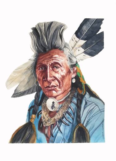 Watercolor Portrait of Native American Crow Bull Chief thumb