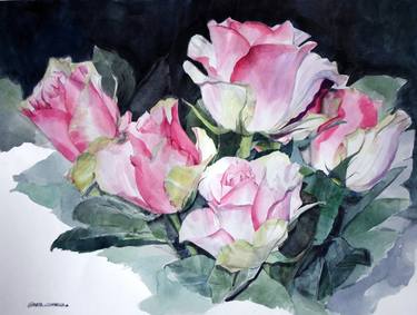 Watercolor of a white and pink roses bouquet thumb
