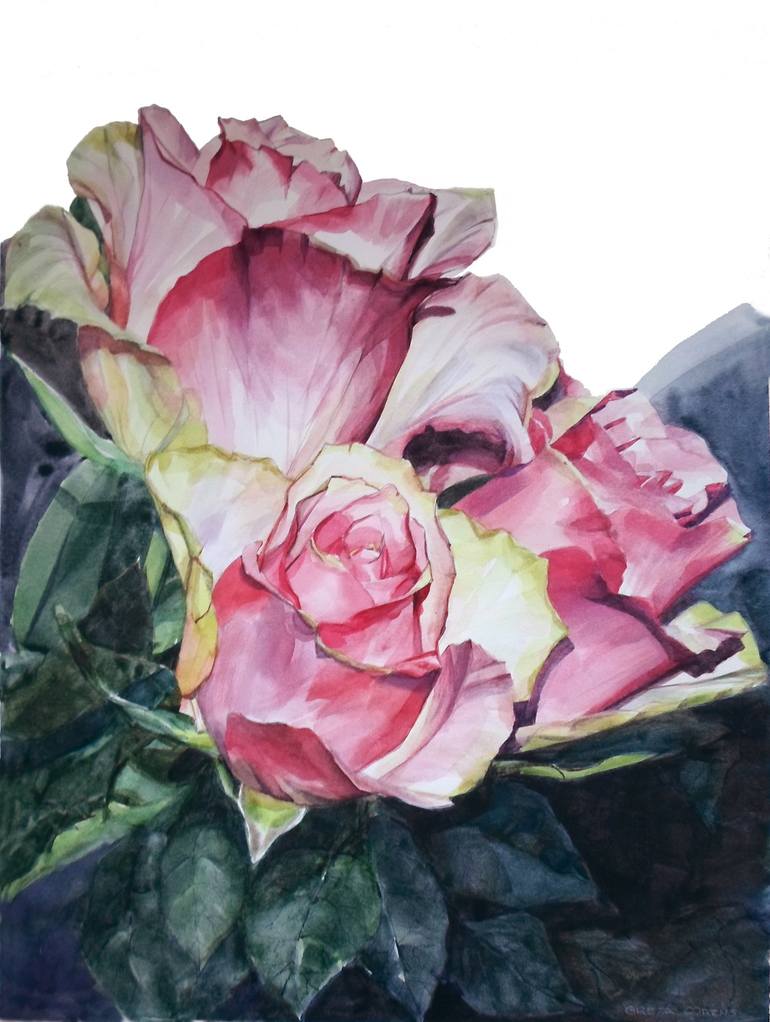 Watercolor of a Bouquet of Pink and White Roses Painting by Greta ...