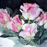 Watercolor of Pink and White Roses in a Large Bouquet by Greta Corens