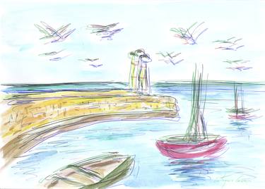 Seawall, boats, birds and sea thumb