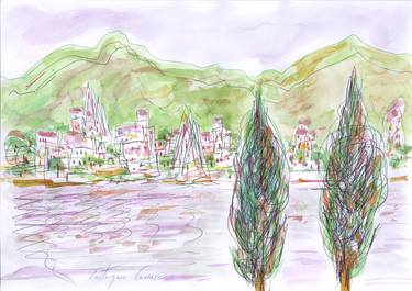 Two cypresses, lake, village and mountains thumb