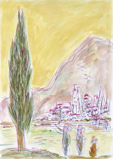 Cypress, three people, river, city and mountains thumb