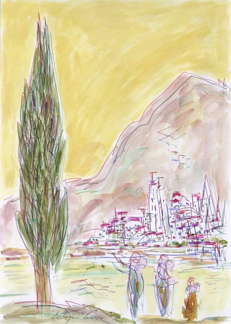Cypress Three People River City And Mountains Drawing By Eustaquio Carrasco Saatchi Art