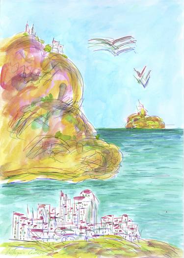 City, cliff, sea, birds and island thumb