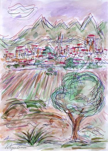 Tree, plowed land, city and mountains thumb