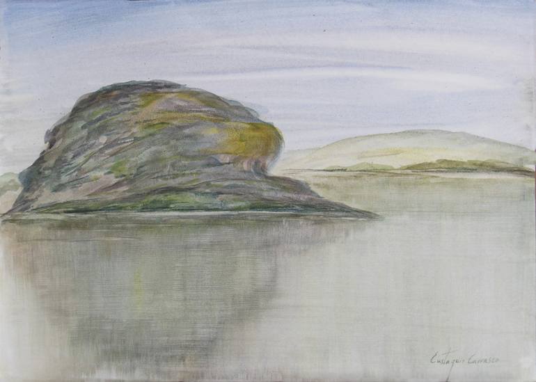 Original Landscape Painting by Eustaquio Carrasco | Figurative Art on Paper | The huge rock of the lake