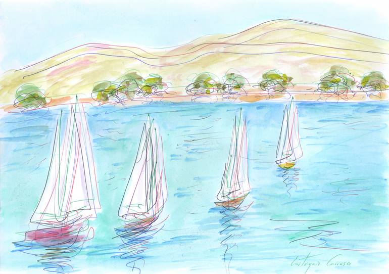 Original Landscape Painting by Eustaquio Carrasco | Figurative Art on Paper | Four boats on the lake