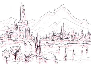 Mountains and two cities next to a lake thumb