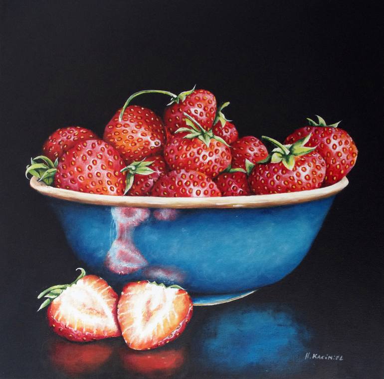 A Blue Bowl of Strawberries, framed Painting by Hanna Kaciniel ...
