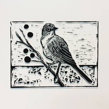 Bird on Branch in Forest Woodland Looking for a Nest - Linocut Art Print - Hand Printed Original - One of a Kind - Limited Edition 1 of 1 thumb