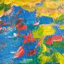Close-up paint texture; blue, yellow and red colour tones.