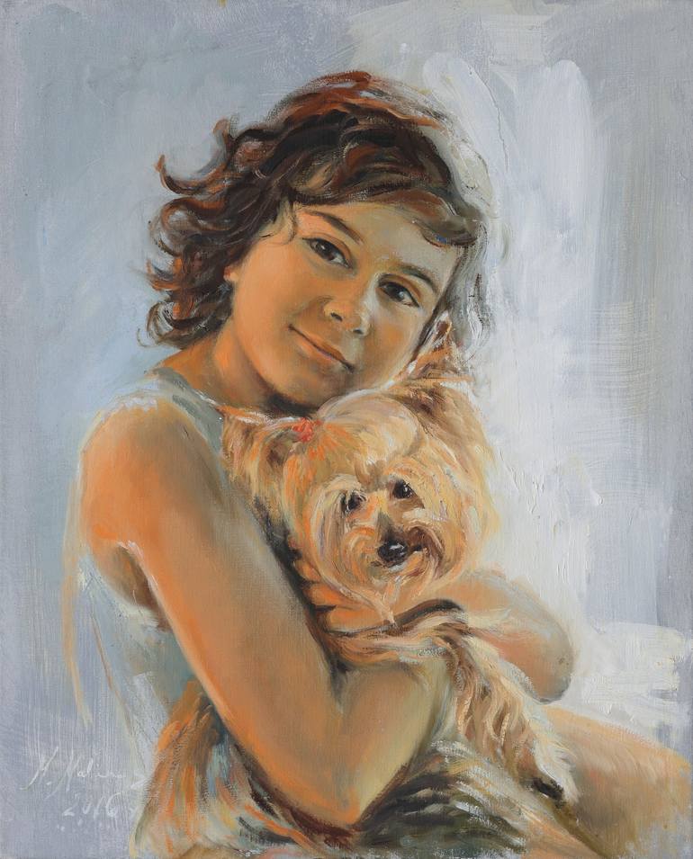 The boy holding a dog Painting by Monika Malinowska | Saatchi Art