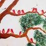 A beautiful, organic painting done on organic khadi handmade art paper with dry marigold flower petals cold pressed within the paper's pulp. The painting depicts a beautiful green tree with a flock of red feathered birds with baby pink chest feathers. An overall great painting for nature lovers.