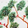 A beautiful, organic painting done on organic khadi handmade art paper with dry marigold flower petals cold pressed within the paper's pulp. The painting depicts a beautiful green tree with a flock of red feathered birds with baby pink chest feathers. An overall great painting for nature lovers.