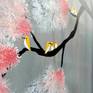 Beautiful pink and white shaded flowers blossoming on the tree, accompanied by a flock of yellow colored birds with white feathers around their chest. Acrylic on canvas. Shipped rolled safely in a cardboard tube.