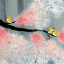 Beautiful pink and white shaded flowers blossoming on the tree, accompanied by a flock of yellow colored birds with white feathers around their chest. Acrylic on canvas. Shipped rolled safely in a cardboard tube.