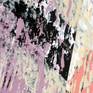 A beautiful abstract painting with warm pastel colors in the background accompanied with black, white and egg shell acrylic paints painted as sound wave frequencies on the canvas.