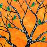 A beautiful yellow orange abstract background depicting a bright sunny day and an imaginary black tree with ivory coloured scales on its bark accompanied by a flock of green birds with patches on their eyes.