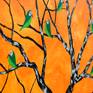 A beautiful yellow orange abstract background depicting a bright sunny day and an imaginary black tree with ivory coloured scales on its bark accompanied by a flock of green birds with patches on their eyes.