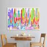 Acrylic paint on canvas. Colourful waves painted on canvas moving and stretching upwards.