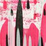 A vibrant abstract piece with neon pink colour in the background and black and white lines painted on top.