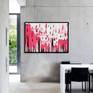 A vibrant abstract piece with neon pink colour in the background and black and white lines painted on top.
