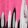 A vibrant abstract piece with neon pink colour in the background and black and white lines painted on top.