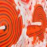 Painting with warm and bright colours in red and orange tones painted with different techniques combined to give a retro 1980's vibe of disco. Painting shipped stretched, safely secured in a wooden crate.