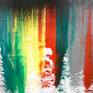 Strokes of contrasting colours painted from the centre and flowing in the opposite direction from each other into the unknown. Painting shipped stretched in a wooden crate.