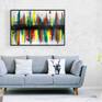 Strokes of contrasting colours painted from the centre and flowing in the opposite direction from each other into the unknown. Painting shipped stretched in a wooden crate.