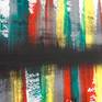 Strokes of contrasting colours painted from the centre and flowing in the opposite direction from each other into the unknown. Painting shipped stretched in a wooden crate.