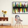 Strokes of contrasting colours painted from the centre and flowing in the opposite direction from each other into the unknown. Painting shipped stretched in a wooden crate.