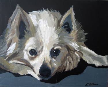 Original Painting Dog Portrait American Eskimo Eskie Pet Animal Artwork Contemporary Wall art Black White Gray thumb
