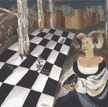 Original Contemporary Surrealist Art Figurative artwork Woman Chess Board Checkers Black White Trees Portrait Painting colorful Wall Art thumb