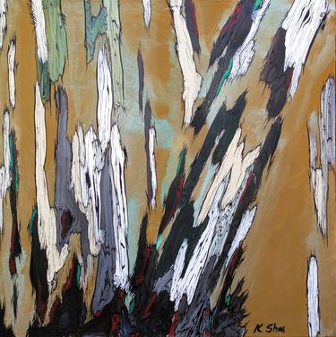 Original Contemporary Abstract Tree Art Landscape in Yellow Ocher Green Blue White Brown Painting Wall Artwork thumb