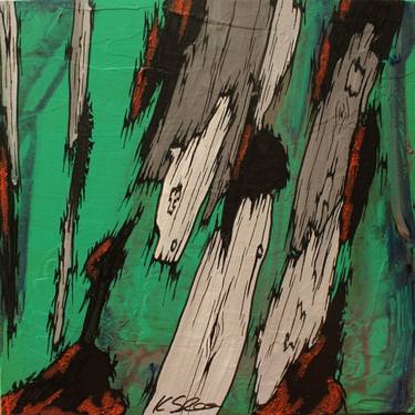 Original Painting Abstract Tree Art / Ladscnape Emerald Green Gray White Colorful Wall Art thumb