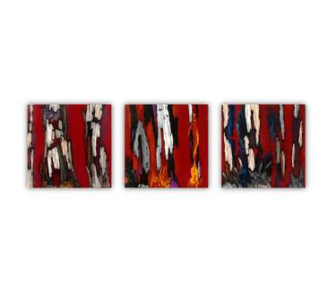 Original Abstract Tree Art / Landscape Triptych Painting Red Yellow White Brown Mixed Media Acrylic Ink Oil Pastels Colorful Wall Artwork thumb