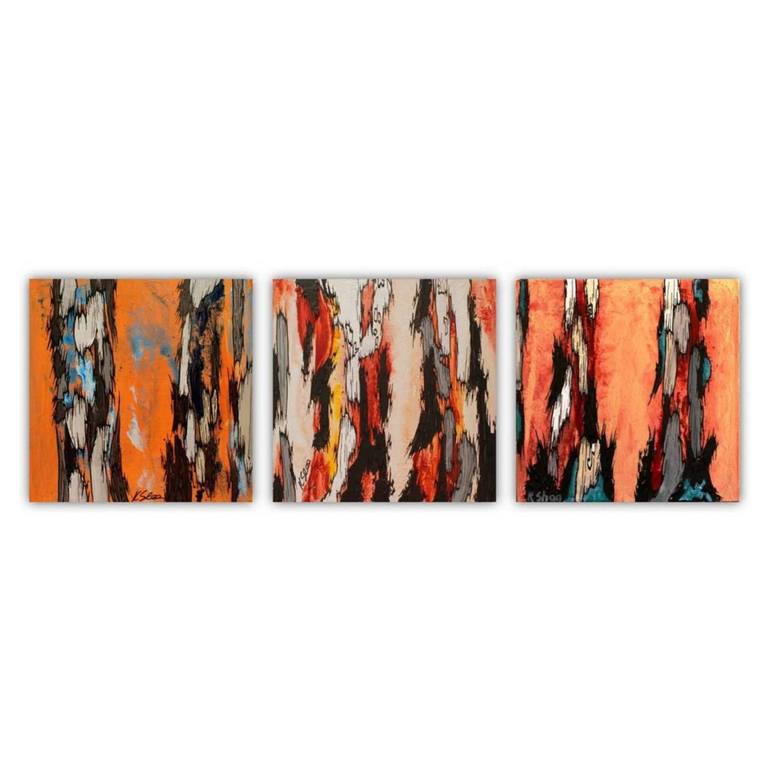 Orange Abstract Tree Art / Landscape Triptych Set of 3 Original Small