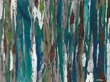 Large Contemporary Original Abstract Tree Landscape Painting Art Artwork Blue Teal Brown Gray Colorful Wall Art thumb