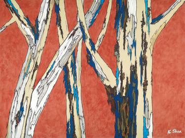 Large Original Painting Trees Art Artwork Acrylic Ink Forest Modern Landscape Eucalyptus Bright Orange White Blue thumb