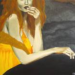 Original wall art portrait painting contemporary figurative artwork woman portrait yellow orange gray black by K Shoa