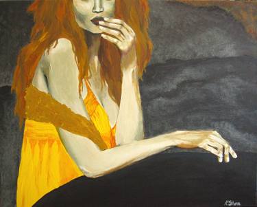 Original wall art portrait painting contemporary figurative artwork woman portrait yellow orange gray black thumb