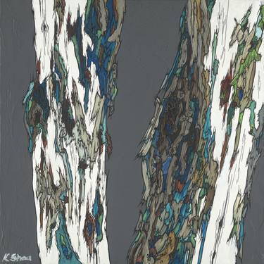 Large masculine square painting of trees - original acrylic artwork gray background blue teal accents thumb