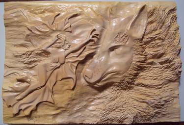 Wood carving - The fairy and the wolf (woman body naked) Ton Dias thumb