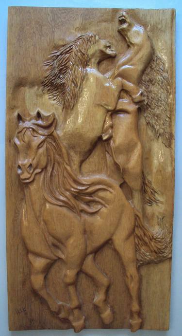Wood carving - Horses (fighting) - Ton Dias thumb