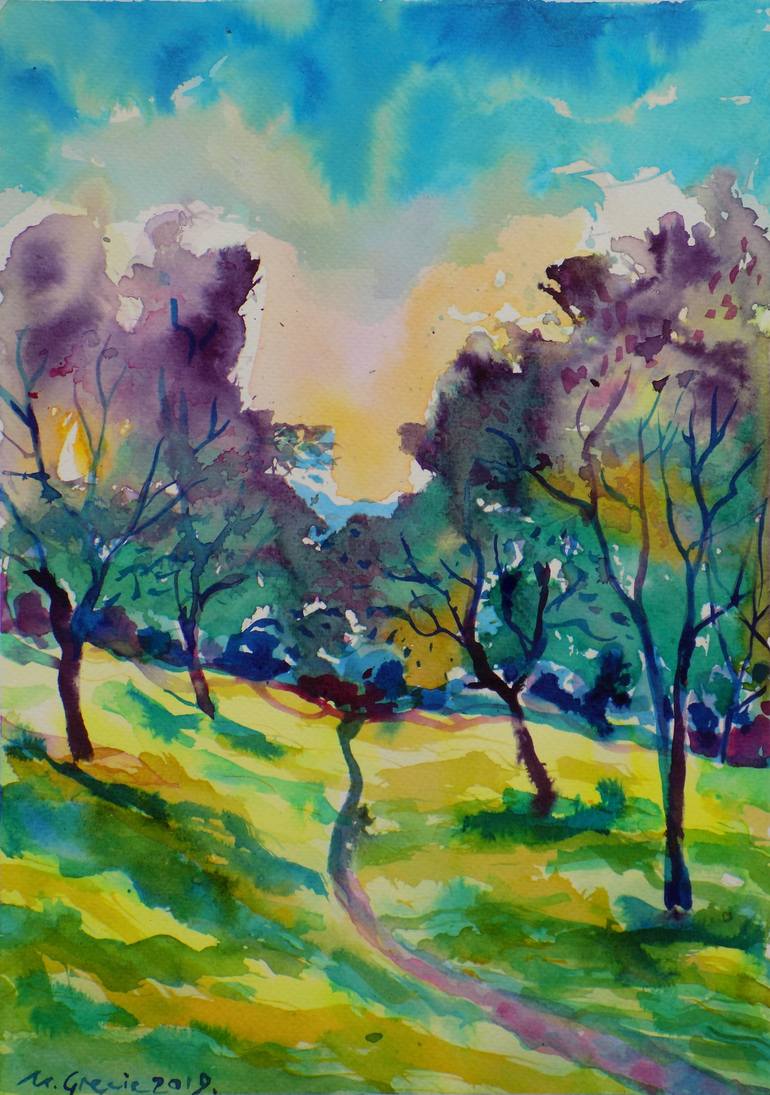 Sunset in olive grove Painting by Maja Grecic | Saatchi Art