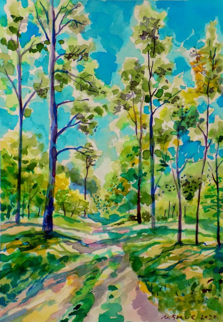 green forest path painting