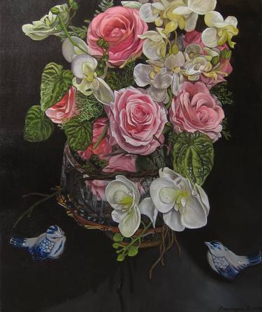 Still life, flowers with two ceramic birds thumb