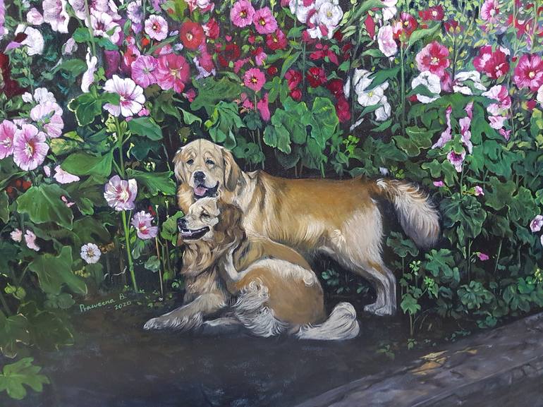 Original Impressionism Dogs Painting by Praweena Bunker